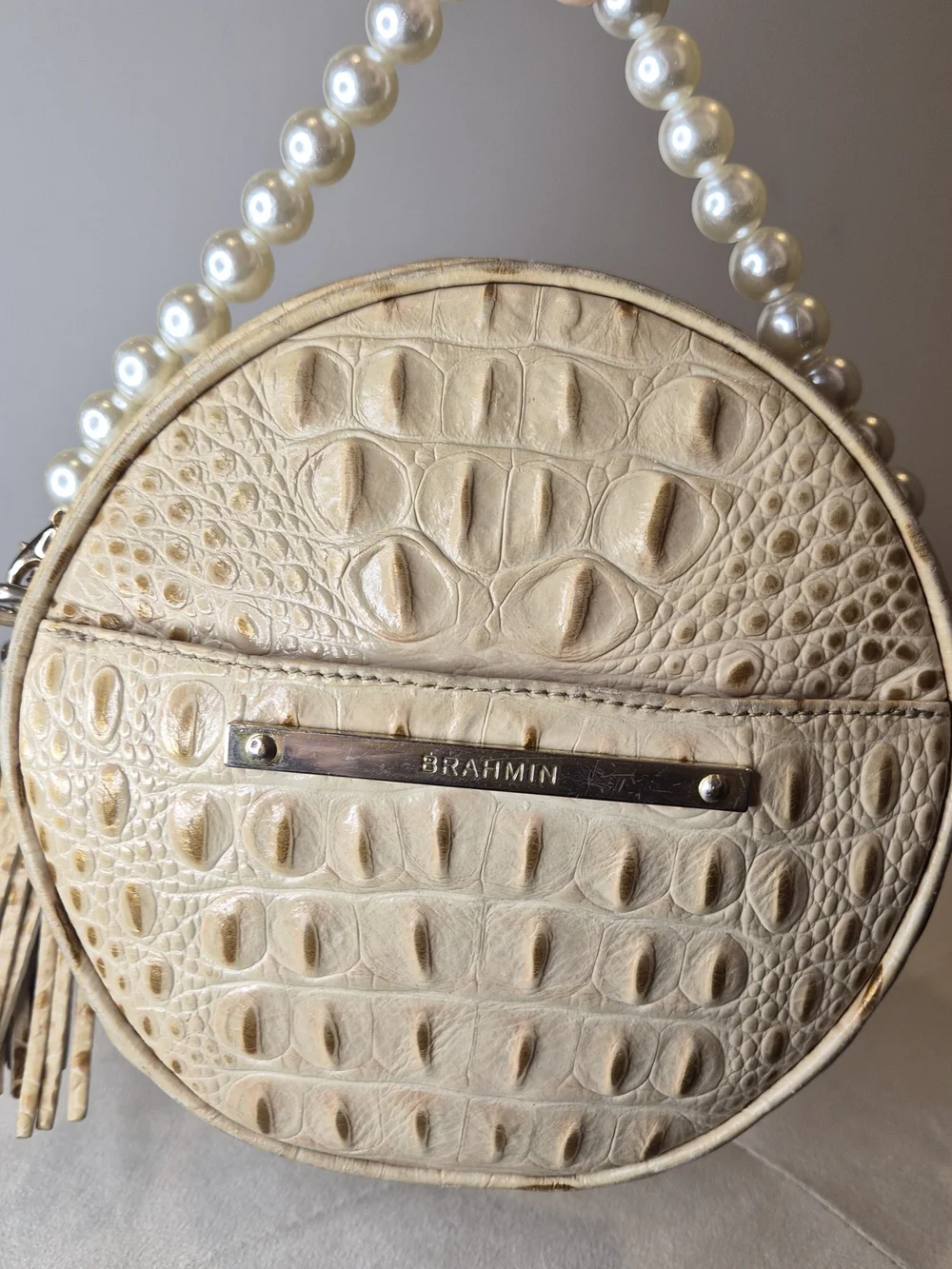 Brahmin Cream Croc-Embossed Leather Round Top Handle Bag With Pearl Strap